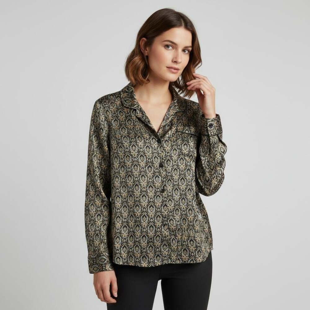 La Maison Molly Bracken Paisley Damask Blouse Large Black Teal Long Sleeve